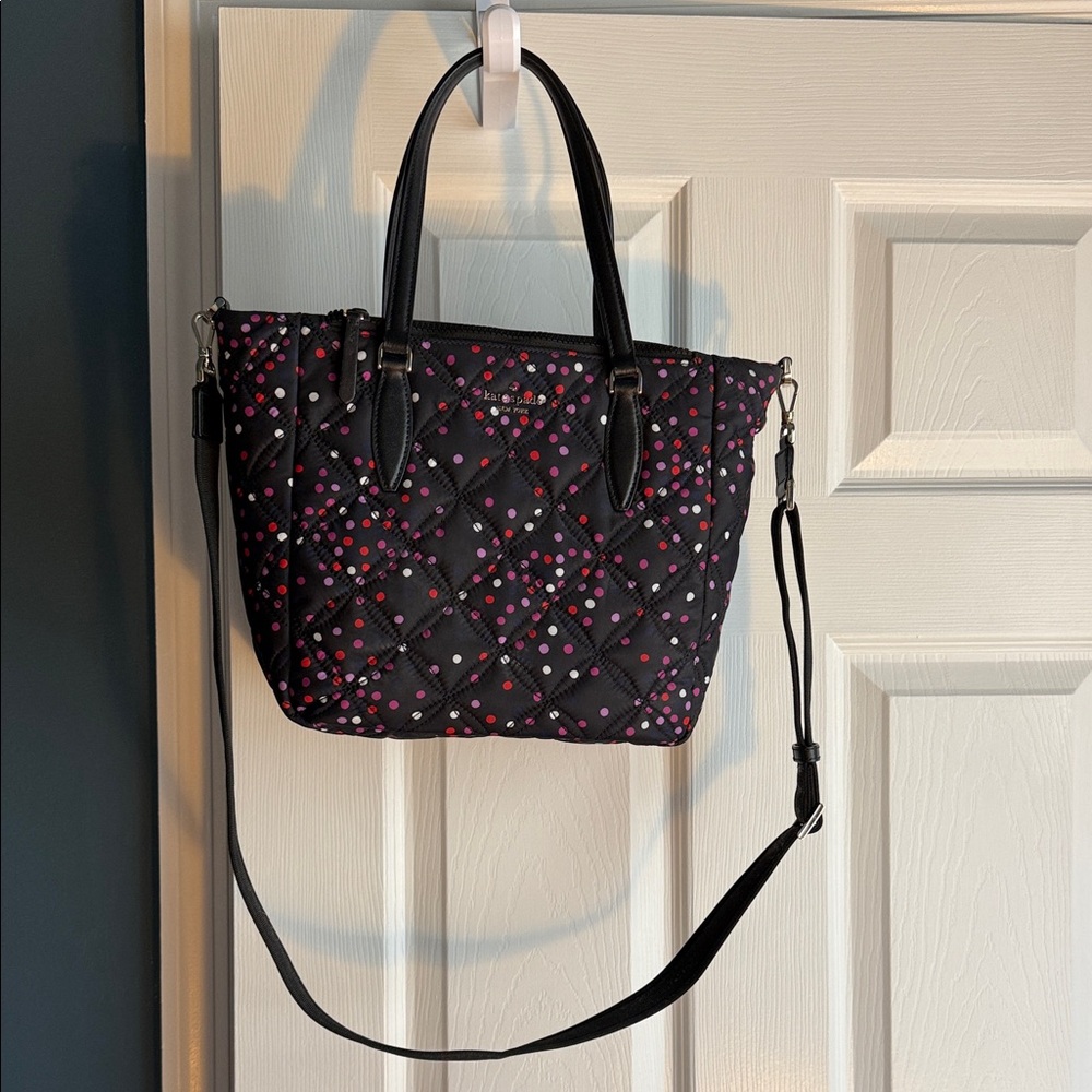 Kate Spade Black Quilted Puffer Tote with Red and White Polka Dot Accents